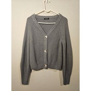 Grey Chunky Knit V-Neck Button Front Cardigan Sweater Womens M Academia Downtown
